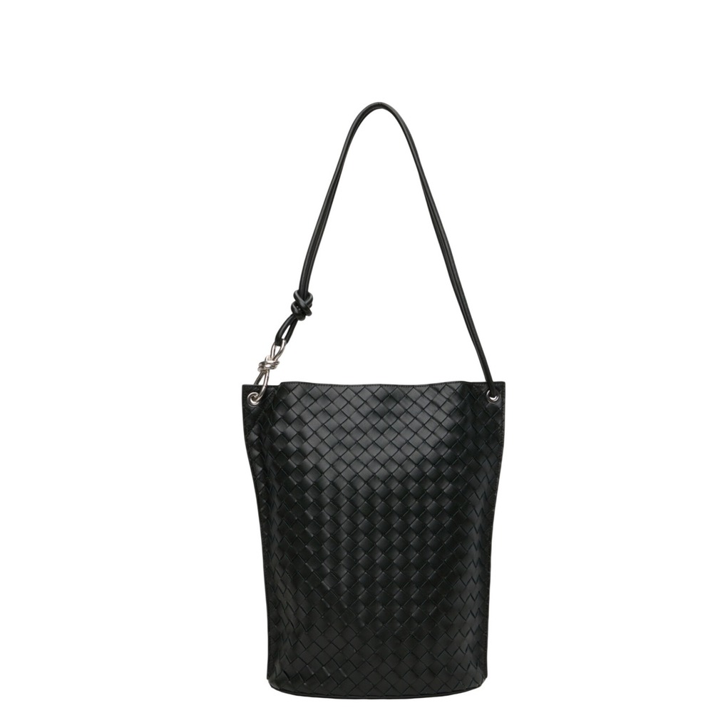 Bottega Veneta Greenish Black Leather KNOT Bucket Shoulder Bag Made in Italy